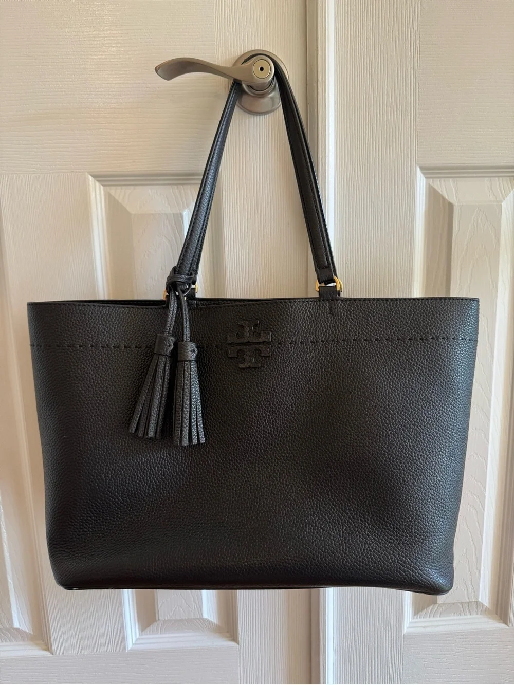 Tory Burch Black Leather Tassel Tote with Double Handles